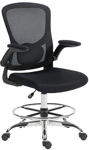 HOMCOM Draughtsman Chairs, 4D Lumbar, High Rise Office Chair, Black | Ergonomic Mesh, Flip-up Armrests, Adjustable Footrest, 360 Degree Swivel Task Stool, Home Office