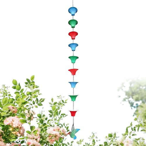 Tanxier Cadenas de Lluvia | Tubo de Extension de Hierro de 1.2 Metros - con 8 Tazas Diseño Colibrí para Canalón De Lluvia | para Techo Gazebo Patio Dosel Árbol Y Drenaje De Agua Pluvial