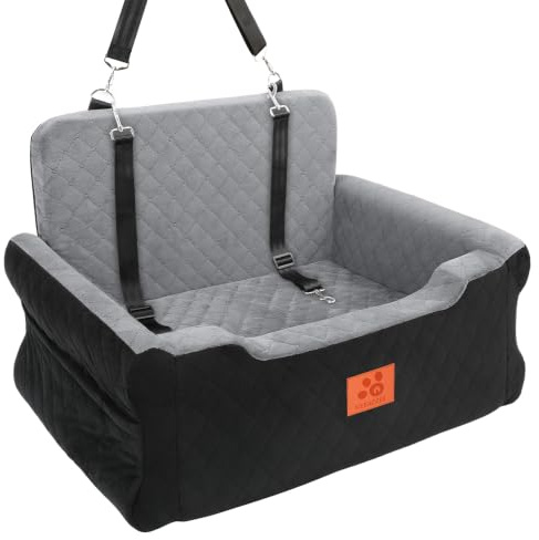 GL GLENSLAVE Dog Car Seat for Large/Medium Dogs Up to 55 lbs, Soft Fabric Car Dog Bed Filling Memory Foam, Removable and Washable Pet Booster Carseat with 2 Safety Leashes (Black/Gray)
