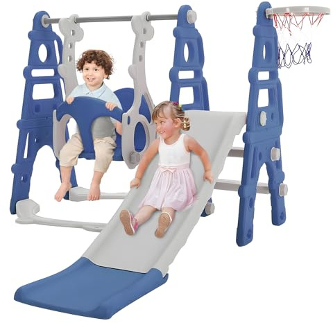 FUKEA Kids Slide, Large 4 in 1 Toddler Slide, Climber & Swing Set with Basketball Hoop, Garden Climbing Frames, Slide for Children Age 1-3 Indoor & Outdoor, for Kids (Blue)