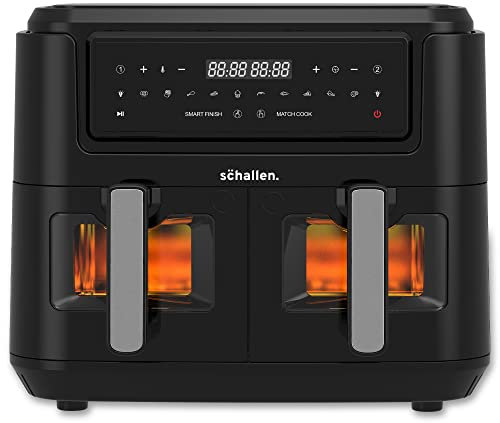 Schallen Black Dual Air Fryer with Twin Double Drawer Frying Trays, Digital, 10 Preset Functions, Low Running Cost and 60 Min Timer | Healthy Oil Free & Low Fat Cooking (Dual Window 9L Air Fryer)