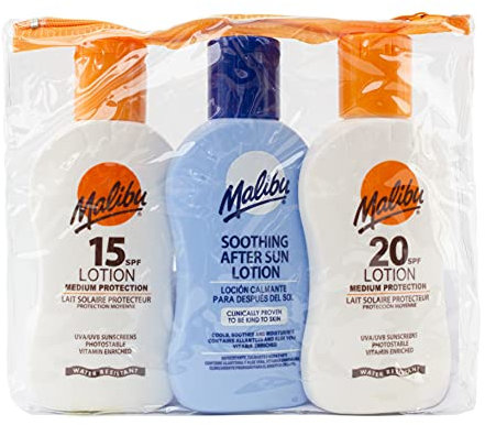 MALIBU TRAVEL SET PACK 1x 100ML SUN LOTION SPF15, 1x 100ML SPF20 AND 1 x 100 ML AFTER SUN 100ML CREAM