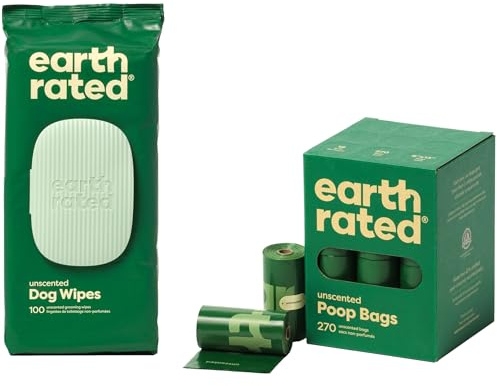 Earth Rated Hundekotbeutel, garantiert auslaufsicher und extra dicke Kotbeutel, Nachfüllrollen für Hunde, unparfümiert, 270 Stück, mit Earth Rated Feuchttücher für Hunde, unparfümiert, 100 Stück