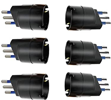 6 stycken Schuko-adapter, nätkontaktadapter, max 1500 W 250 V (16A-kontakt 10A-kontakt, svart)