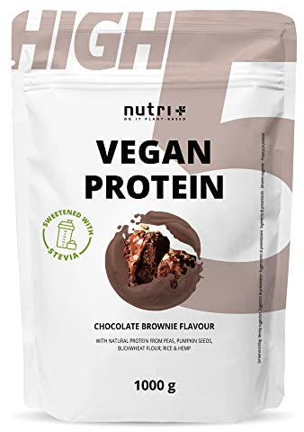 Nutri + Protéine végan - Brownie au chocolat Poudre de protéines végétaliennes sans sucralose ni soja Protéines de riz, pois, chanvre, sarrasin et de graines de citrouille 1kg