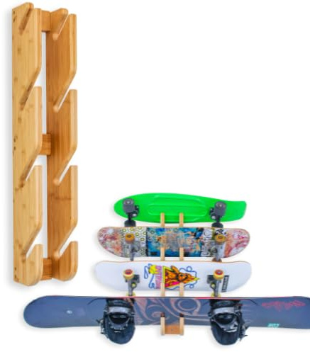COR Surf skateboard väggmontering display 4 brädor | Snowboard väggförvaringsfäste rymmer fyra brädor gjorda med hållbar bambu 4 brädor inomhus väggställ för snö och skate