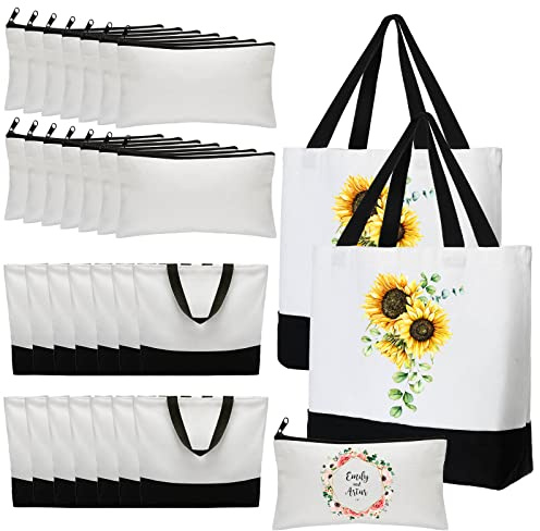 Wesiti 28 Piece Blank Canvas Tote and Makeup Bag Bulk Plain Cotton Tote with Handle Cosmetic Pouch with Zipper Reusable Grocery Bag for DIY Sublimation Embroidery Craft Wedding Christmas Gift