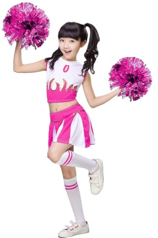 LOLANTA Costume da Cheerleader per Ragazze Uniforme da Cheerleader con Pompon(Rosa,10-11 Anni,Dimensione del Tag 150)