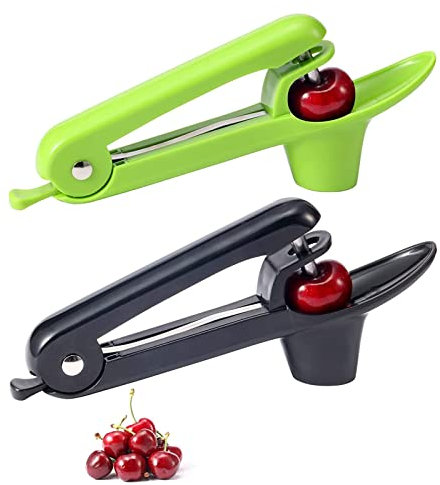 CTTPEG 2 Packungen Kirschentkerner Werkzeuge, Kirschkernkernentferner Oliven Entkerner Werkzeug, Edelstahl Kirschen Entkerner mit platzsparendem Schloss-Design (schwarz & grün)
