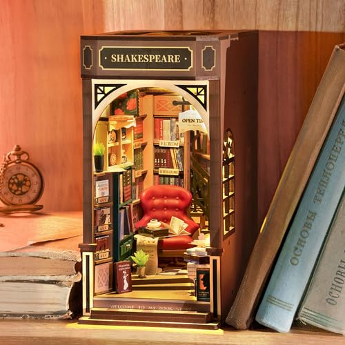 Rolife Book Nook Kits for Adults Shakespeare Bookstore DIY Miniature Kit with LED Light for Desk Library Bookshelf Decoration 3D Wooden Puzzle Booknook Model Kits for Adults to Build (TGB07)