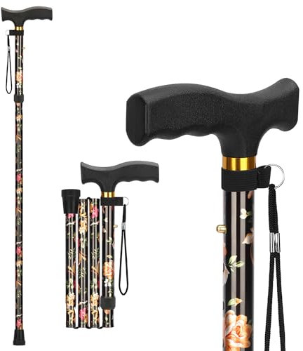 supregear Faltbarer Gehstock - Gehstock Klappbar, Höhenverstellbarer Spazierstock, Flexibler Leichter Reisestock, Zusammenklappbare Gehhilfe zur Balance, für Männer und Frauen, Schwarz Blumen