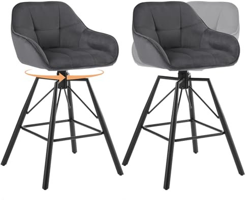 WOLTU Barhocker 2er Set, 360°drehbar Barstuhl Bistrohocker mit Rückenlehne Tresenhocker mit Lehne Fußstütze 4 Beinen, drehbar, gepolstert, Samt Metall, Dunkelgrau, BH397dgr-2