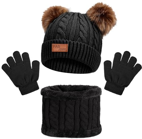 GSrenyu Kids Winter Warm Beanie Hat Scarf Gloves Set, 3 in 1 Thermal Knitted Pom Bobble Hat Scarf Gloves 1-6 Children Winter Warm Accessories