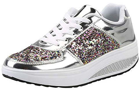 Paljettsneakers, dam, färgglada | glitterskor, dam, tjocka golv, sportskor, snörning, mode, sneakers, glittrande, färgglada löparskor, utomhus, fritidsskor, platta snörsportskor, sneakers, silver, 37