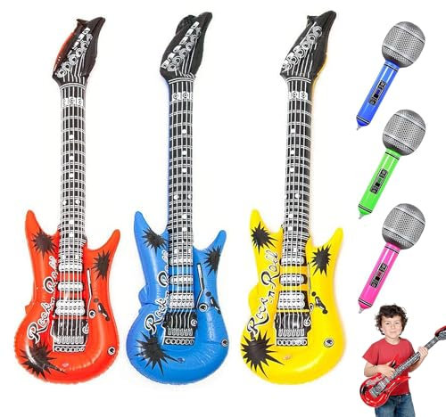 6 Pcs Inflatable Guitar And Nflatable Microphone, Blow Up Rock Star Toy Set, Inflatable Party Props, Assorted Colors, Reusable For Birhday,Karaoke Hen Party,Kids Adults Party Decoration