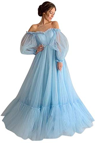 Générique Robe de soirée pour femme - Robe de bal longue - En tulle - Épaules dénudées - de mariée - de soirée - de soirée - Manches longues - Manches bouffantes - de princesse en tulle