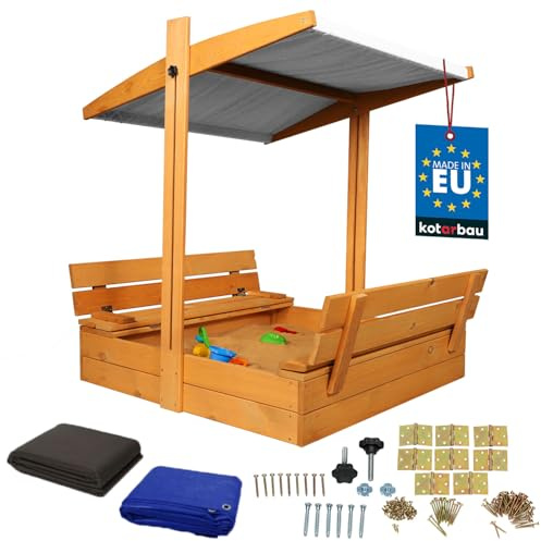 KOTARBAU® Sandlåda i Trä 100 x 100 cm, Sandlåda med Lock | Brun, Bänkar, för Barn Utomhus, med Grått Tak, med Solskydd och Markduk