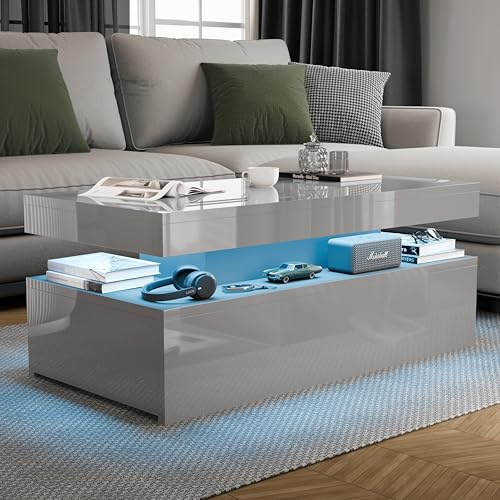Blisswood High Gloss Coffee Table for Living Room, Rectangle Centre Table with 2 Drawer Storage, Modern Wooden Tea Table with LED RGB Lights for Home, Office & Living Room Furniture - Grey