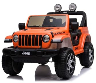 RIRICAR 4x4 Voiture électrique pour Enfants 12V J.E.E.P. Wrangler Rubicon, Orange, Radio avec entrée Bluetooth et USB, Batterie au Lithium, Roues EVA, Télécommande 2,4 GHz, Licence, 4x12V 35W