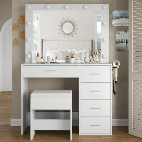 FUSOU Coiffeuse avec éclairage, 94 cm, avec miroir, 11 lumières LED, 3 modes d'éclairage, 5 tiroirs, table cosmétique avec chaise pour chambre à coucher, dressing, studio, blanche