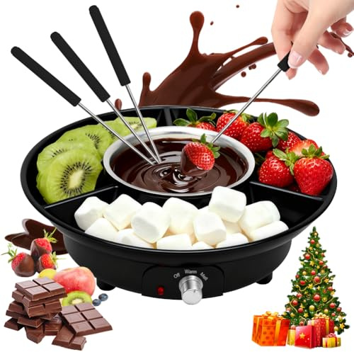 DASIAUTOEM Chokladfondue-set, 260 ml elektrisk choklad med 2 temperaturnivåer, avtagbara serveringsplattor & 4 spett, ostfondue-set för godis smör födelsedagar, fest, jul
