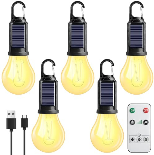 Lámpara de camping recargable, 5 unidades LED de camping, lámpara solar, luces de camping, recargables, linterna de camping con mosquetón, lámpara de camping, lámpara de tienda de campaña, juego de