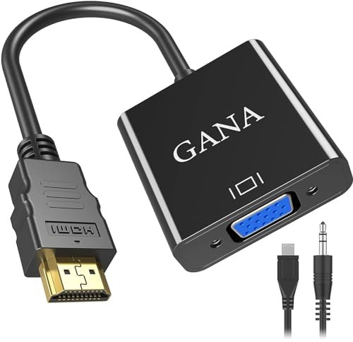 GANA Adattatore HDMI a VGA con Audio, Placcato oro 1080P HDTV Convertitore HDMI a VGA con Cavo di Uscita Audio da 3,5 mm e Cavo di Alimentazione Micro USB