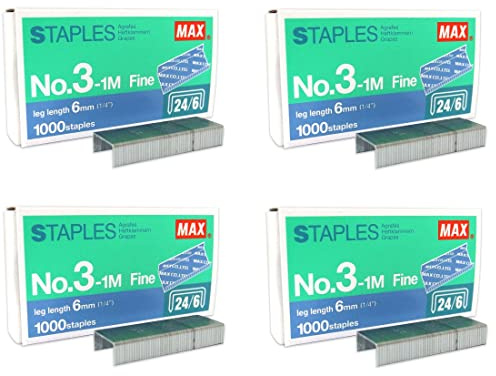 PLESIU MEselected MAX No.3-1M Flat Clinch Staples (24/6) for Office - 4 Boxes (4,000-Staples) - Silver