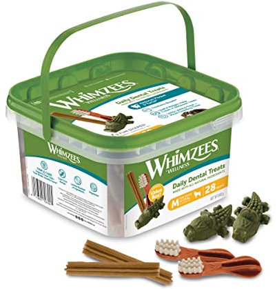 WHIMZEES Gemischte Vielfaltsbox, Kaustangen für mittelgroße Hunde zur Zahnpflege, Größe M, 28 Stück, ohne Zuckerzusatz, getreidefrei, natürlich, fettarm