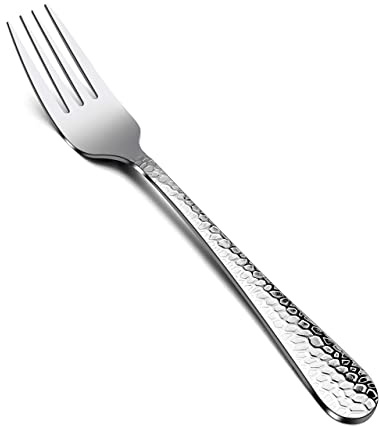 E-far 12-Piece Stainless Steel Hammered Dinner Forks Set, Salad Flatware Forks Use for Home, Kitchen, Restaurant, Round Edge & Mirror Polished, Dishwasher safe - 7.9 Inches
