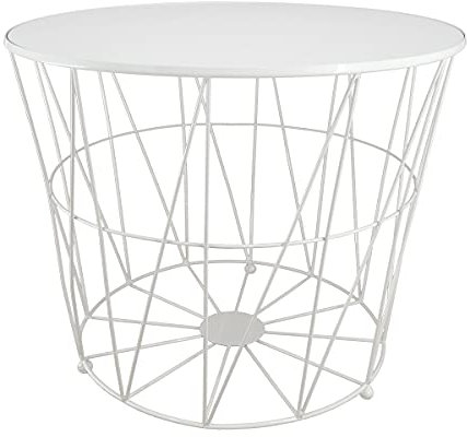 PrimoLiving Design Beistelltisch Weiß mit Deckel - Metall Drahtkorb mit Holzdeckel Diagonal P-857 XL 50x40 cm - Korb Couchtisch mit Stauraum Deko Tisch