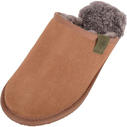 SNUGRUGS Pantoufles d'hiver en peau de mouton véritable avec semelle EVA pour homme, Pointe en châtaignier, 46 EU