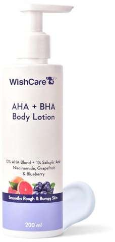 WishCare Lotion corporelle 10 % AHA + 1 % BHA pour homme et femme – Lotion corporelle pour peaux sèches – Démaquillant, lisse les peaux rugueuses et bosselées 200 ml