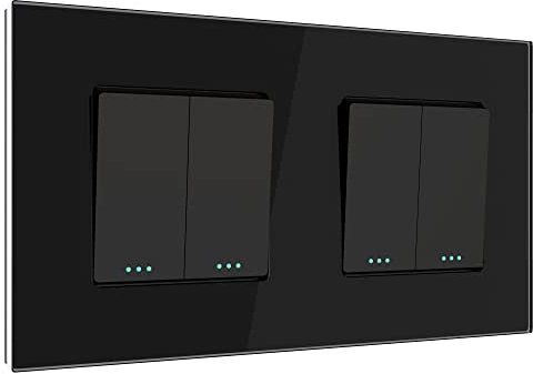 PULSAR Wechselschalter Doppelt x2 Unterputz Glas 2 Fach Schwarz, Lichtschalter 10A 250V Doppellichtschalter Doppel Wechsel Schalter mit Glasrahmen