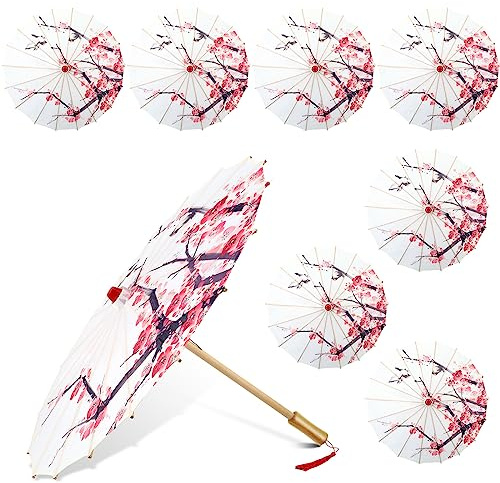 Dunzy 8 Pack Handmade Oiled Paper Umbrellas 22 Inch Classical Plum Blossom Mini Parasol Umbrella for Wedding Art Dance Photography Cherry Blossom Decoration