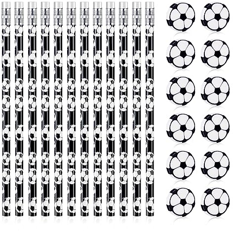 AUAUY Pennor med fotbollstema, pennor med fotbollsmotiv, träpennor med 12 stycken suddgummin i form av fotbollar, oslipade träpennor lämpliga för hem, skola, sport, kontorsmaterial, gåvor, 12 stycken