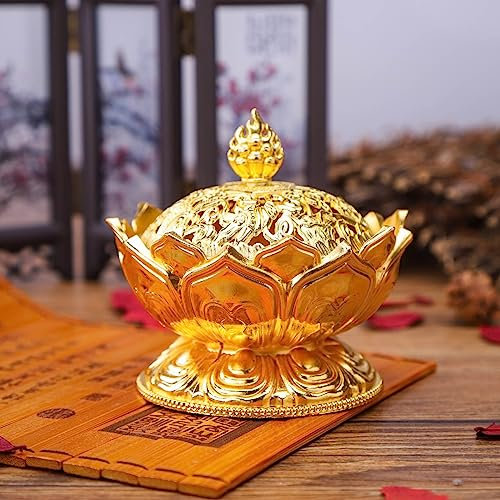 Lotus Incense Burner, Chinese Style Zinc Alloy Holder Bowl Round With a Windproof Lid Suitable for Cone/Charcoal/Roll Incense, Home Office Decoration Gift, S (Gold)