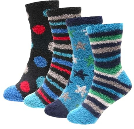 GM Apparel Boys Kids Fluffy Slipper Socks – Non-Skid Gripper – Bed Sock – Super Soft Fuzzy – Cosy Thermal – Stars – Pack of 4 Pairs (7-10 Year)