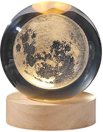GDWD Bola de cristal 3D, luz nocturna, astronomía, lámpara LED con base de madera, carga USB, sistema solar planeta, bola de cristal, regalo de cumpleaños, decoración para fiestas de mesa (6 cm de