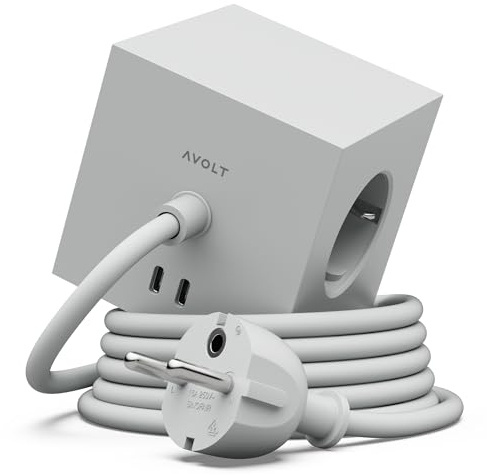 Steckdosenwürfel mit USB-C & USB – Mehrfachsteckdose mit 3 Steckdosen + 2 Ports | Magnetfuß & Klebepad, 1,8m Kabel | Skandinavisches Design in 7 Farben – Avolt Square 1 (Gotland Grey, USB-C 1.8m)