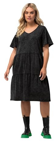 Ulla Popken Abito in Jersey, Effetto Jeans, Linea A, Scollo a V, Mezza Manica Vestito, Nero, 52-54 Donna