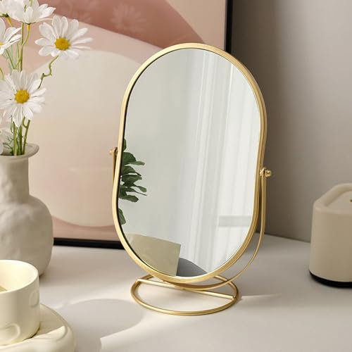 Hosoncovy Metal Frame Oval Makeup Mirror, High Clear Tabletop Mirror, Single Sided, 30.5L x 13W cm, Gold