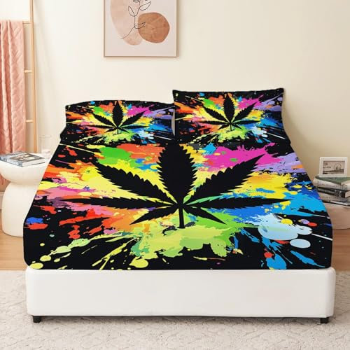 Abstraktion Farbe Blätter Muster Bettlaken Brushed Mikrofaser Schwarz Gelb Matratzenschoner Spannbetttuch für Matratze bis 30 cm Hohe 160 x 200 cm Bedrucktes Spannbettlaken