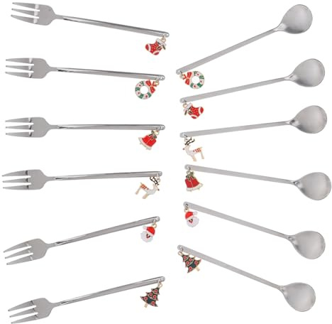 DECOMELODY 12pezzi Posate Natalizie in Acciaio Inox Cucchiaini e Forchette Per Mescolare Caffè e Servire Dessert Per Tavole Festive