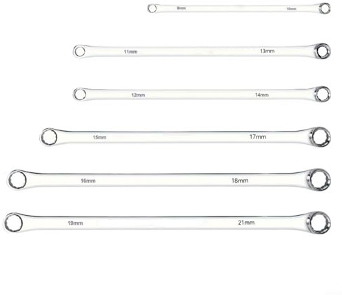 Chromium-Vanadium-Stahl Doppelringschlüssel Set 6-teilig Extra Lang 8-21mm Für Autoreparaturen Ausrüstungsmontage Wartung 12-Punkt-Ringenden Spiegelpoliert