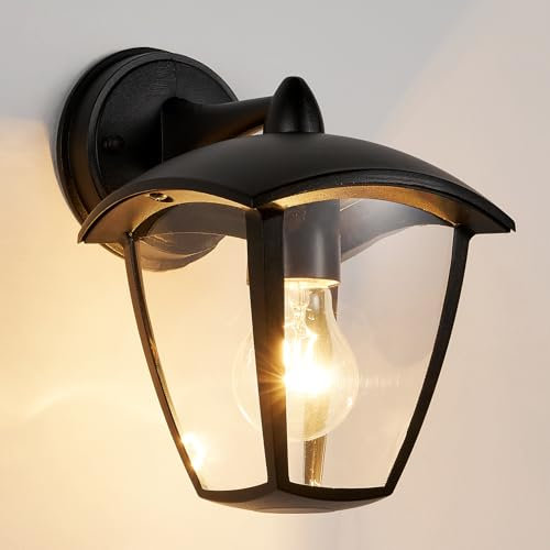 HARPER LIVING Outdoor Wall Lights, E27 Outside Lights Mains Powered, IP54 Weatherproof Aluminum, Black Exterior Wall Lamp with Clear Shade, Security Lights for Porch, Front Door, Garden, Patio