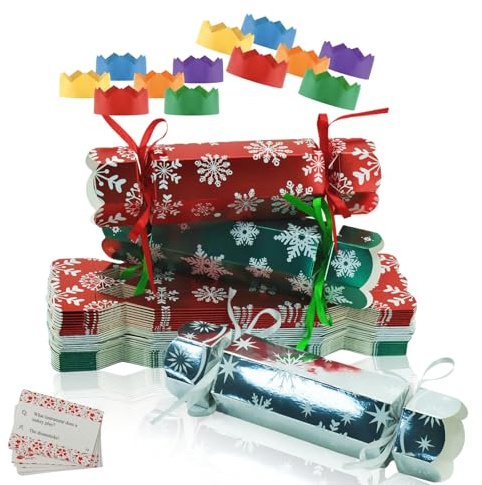 DIY Christmas Crackers Gift Boxes with Hat/Joke,30P Xmas Party Cracker Bulk | Silver Green Red Family Crackers Make Your Own Cracker Kit for Adult,Fill Your Own Candy Novelty CrackerBox No Snap