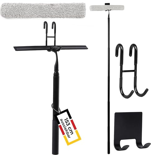 cocofy Duschavdragare teleskop 43–153 cm, 35 cm bred, svart – avdragare dusch långt handtag utdragbart med mikrofiberöverdrag, 2 krokar, badrumsavdragare och spår för duschgolv