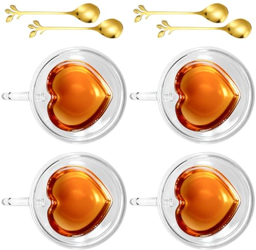 Juego de 4 tazas de capuchino de 240 ml, de doble pared con asa y cuchara, tazas de café de espresso, vasos de té, tazas de corazón, vasos de latte macchiato para café, café con leche, capuchino, té