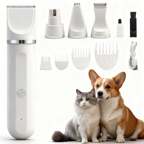 Cortapelos Perros 4 en 1 Profesional, Maquina cortar pelo perros y Gatos con 4 Cuchillas Desmontables Lavables, Maquina de Cortar pelo Perro & Cortapatas & Pulidora para Cuerpo, Patas, Ojos